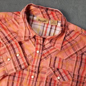 Wrangler Shirt Womens Small Pink Orange Plaid Pearl Snap Western Rodeo Cowgirl